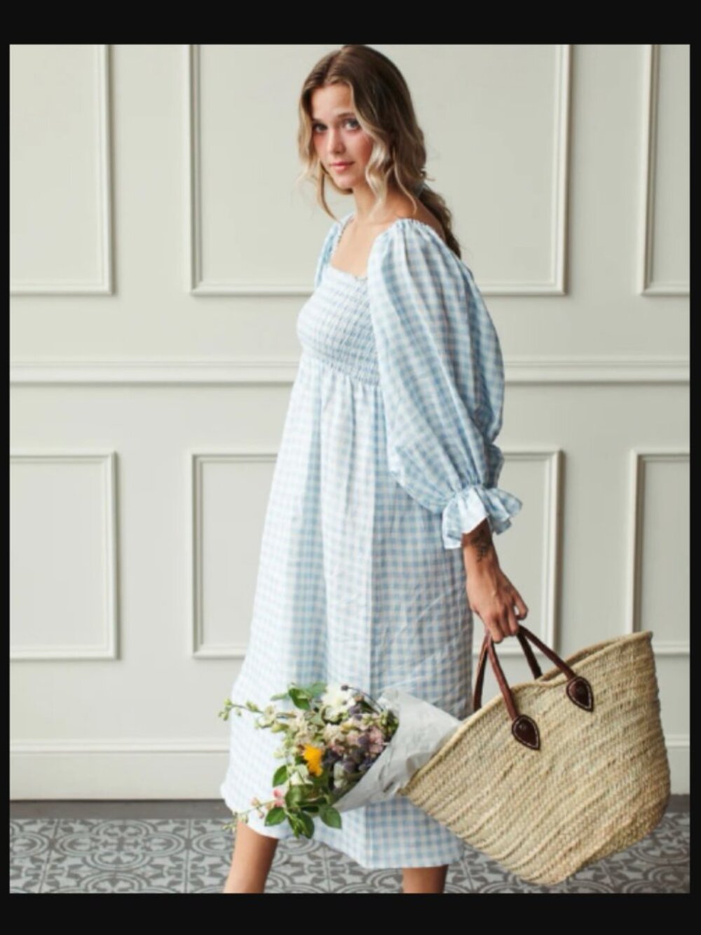 Sleeper Atlanta Convertible Off-the-Shoulder Smocked 100% Linen Dress Blue Vichy